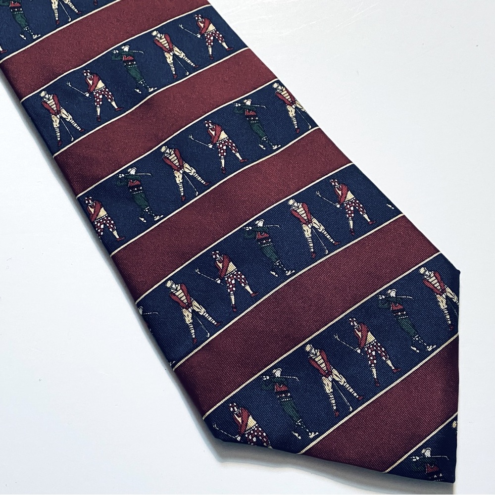 VINTAGE GOLF TOMMY HILFIGER SILK TIE Burgundy Blue Stripe Men Knickers Cap Clubs